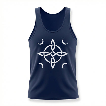 Celestial Celtic knot and moon symbol graphic tank top.