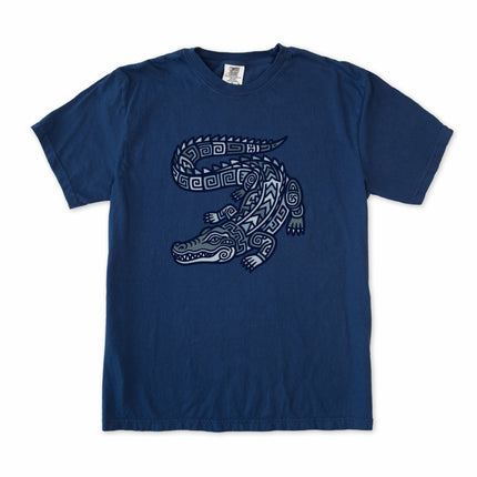 Tribal Mayan crocodile graphic printed on a unisex tee shirt.