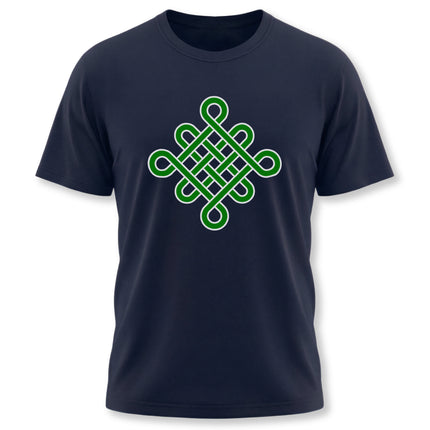 Green Celtic knotwork symbol graphic tee on a dark blue t-shirt.