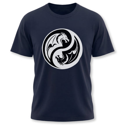 Yin Yang dragon graphic on a navy tee, symbolizing East Asian power, harmony, and balance.