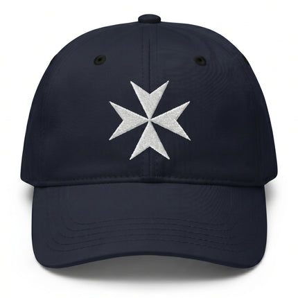 Navy baseball cap featuring a white embroidered Maltese Cross symbol.