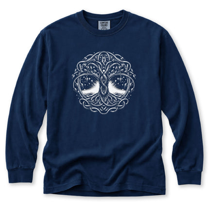 Celtic Tree of Life knotwork graphic on a black long sleeve t-shirt.