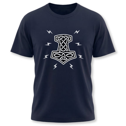 Norse knot design with lightning bolts on a dark t-shirt, referencing Thor's Mjolnir.