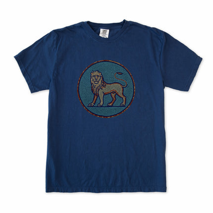 Blue grey mosaic lion graphic tee shirt featuring ancient animal art on a comfortable unisex t-shirt.