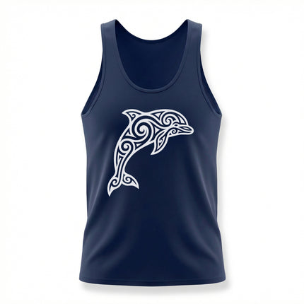 Tribal Celtic dolphin graphic on a navy blue tank top. Stylish marine life apparel.