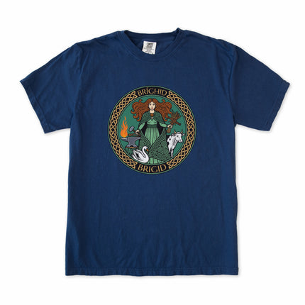 Brighid Celtic goddess t-shirt design featuring Irish mythology, fire, swan, and cow motifs.