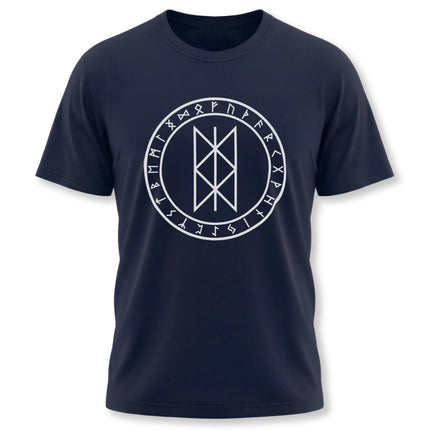 Norse Web of Wyrd rune circle graphic t-shirt featuring Viking runes and fate symbols.