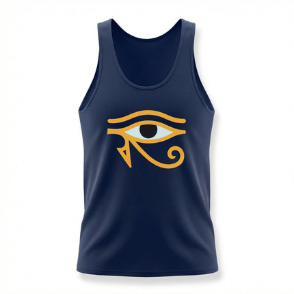 Navy tank top with gold Eye of Horus graphic, featuring the ancient Egyptian protection symbol.