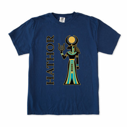 Hathor Egyptian goddess t-shirt featuring ancient mythology and a detailed sun disk design print.
