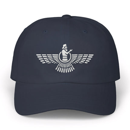 Black baseball cap with embroidered Faravahar symbol. Persian Zoroastrian cultural design.