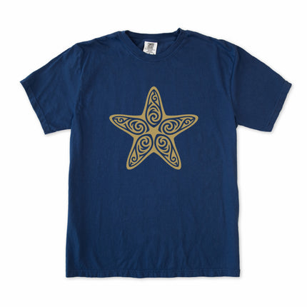 Tribal starfish graphic printed on a black unisex t-shirt featuring ornate sea creature art.