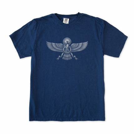 Faravahar Zoroastrian symbol t-shirt featuring ancient Persian mythology design.