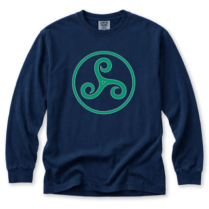 Green triskelion triple spiral celtic knot design long sleeve t-shirt.