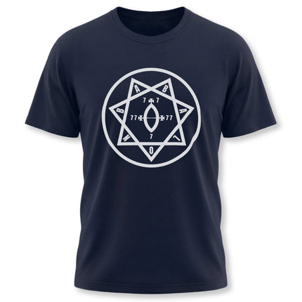 Star of Babalon Thelema occult graphic t-shirt featuring the sacred heptagram symbol.