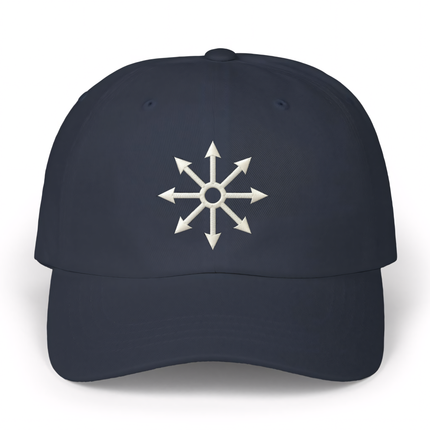 Navy baseball cap featuring the embroidered white chaos star occult symbol.