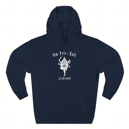 Goddess Kali graphic and Om Krim Kali mantra on a navy blue spiritual hoodie.