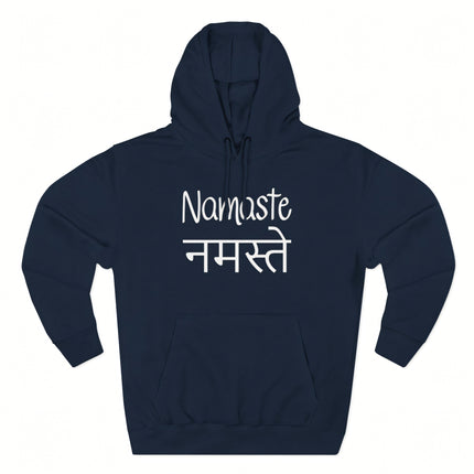 Namaste spiritual greeting hoodie featuring English and Hindi Devanagari text.