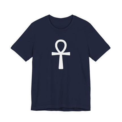 White Ankh life symbol graphic on a navy blue t-shirt.