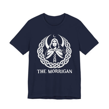Celtic Morrigan Goddess t-shirt graphic featuring knotwork, moon, and raven symbols.