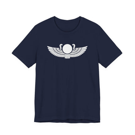 Winged sun disk graphic on a navy t-shirt, symbolizing ancient Egyptian mythology.