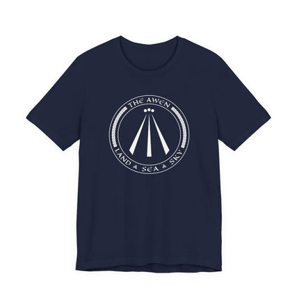 Celtic Awen symbol t-shirt featuring Land, Sea, and Sky text. Druid spiritual graphic tee.