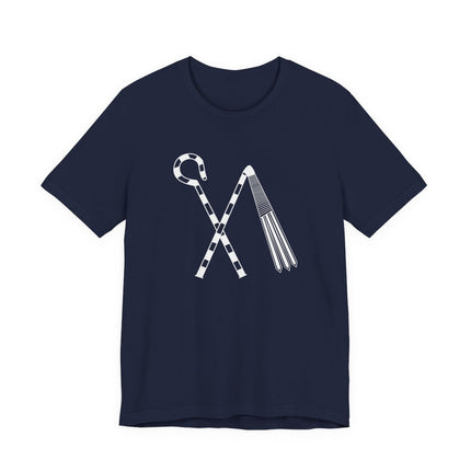 Ancient Egyptian crook and flail symbol graphic tee on a navy blue shirt.