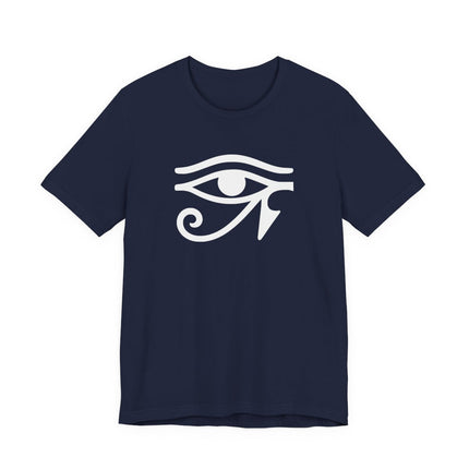 Eye of Ra Egyptian symbol graphic tee on a navy blue t-shirt.
