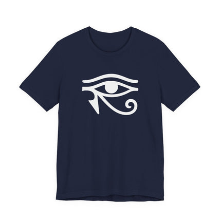 Eye of Horus Egyptian symbol graphic on a navy blue t-shirt.