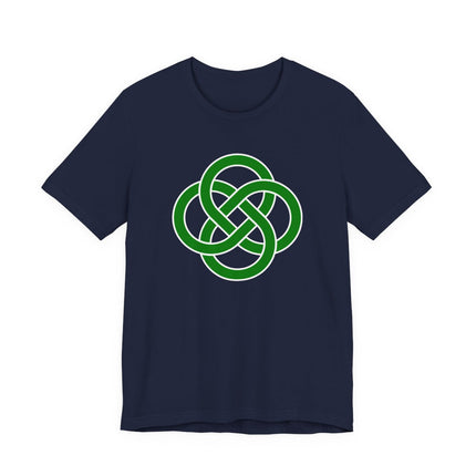 Green Celtic knot symbol on a navy t-shirt. Features interwoven Irish knotwork design.
