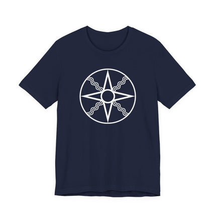 Shamash Mesopotamian sun symbol graphic tee on a navy blue t-shirt.