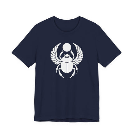 Khepri scarab beetle graphic on a navy tee, symbolizing Ancient Egyptian rebirth and mythology.