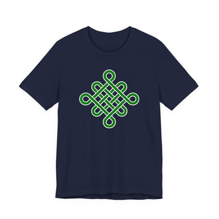 Navy t-shirt featuring a bright green Celtic endless knotwork symbol.