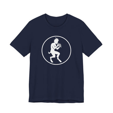 Pan satyr silhouette playing a flute on a circular Greek mythology graphic tee.