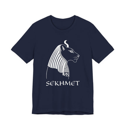 Minimalist line art of Sekhmet, the Egyptian goddess, printed on a dark t-shirt.
