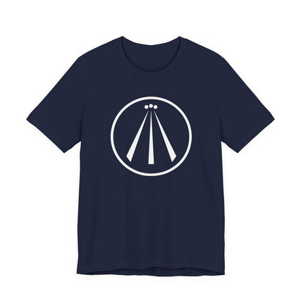 Awen Celtic symbol graphic on a navy blue unisex t-shirt.