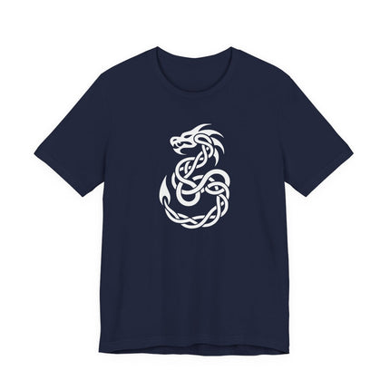 Celtic knotwork dragon graphic design on a navy blue t-shirt.