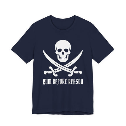 Pirate skull and crossed swords graphic tee featuring "Rum Before Reason" text.