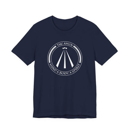 Awen symbol graphic tee with Mind Body Spirit text on a dark navy shirt.