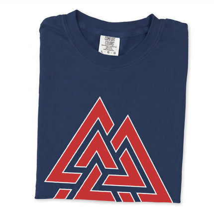 Valknut Viking symbol t-shirt featuring intricate Norse knotwork design.