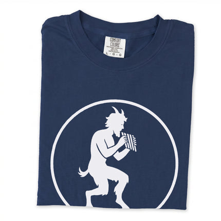 Pan, the Greek god, playing panpipes graphic tee design.