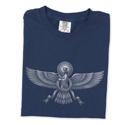 Etched Faravahar Persian symbol graphic tee on a black long sleeve shirt.