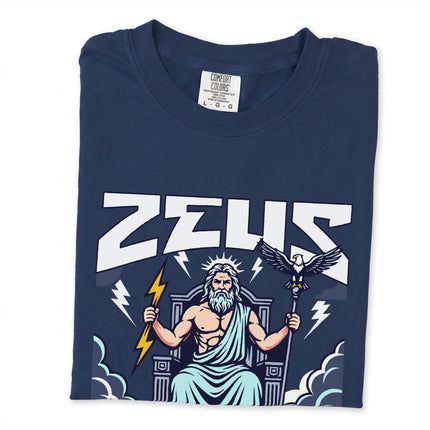 Zeus King of the Gods t-shirt featuring Greek mythology design with lightning bolt and eagle graphic.
