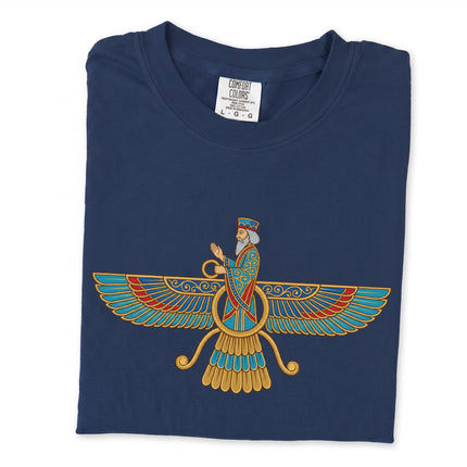 Faravahar ancient Persian symbol t-shirt featuring Zoroastrianism graphic art design.