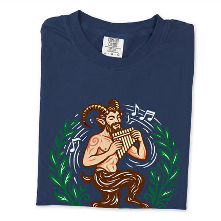Pan Flute Satyr graphic tee featuring Greek god mythology and Pagan themes on a comfort colors shirt.