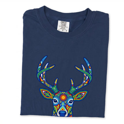Huichol deer graphic tee featuring vibrant Mexican folk art style print.