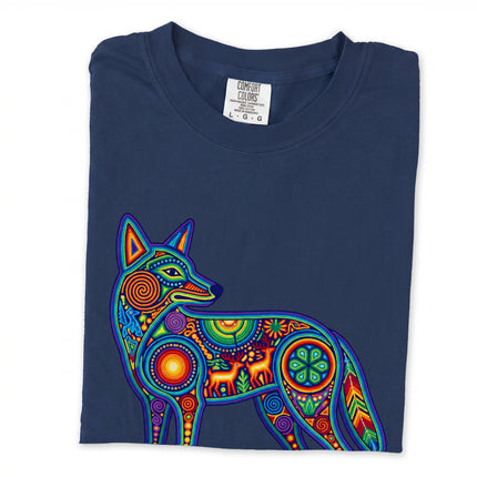 Multicolor Huichol coyote art long sleeve t-shirt featuring vibrant tribal animal patterns.