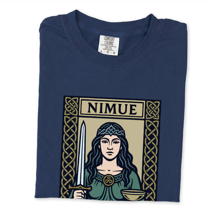 Nimue Lady of the Lake t-shirt featuring Celtic art, Arthurian sword, and chalice design.