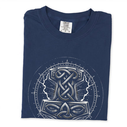 Mjolnir hammer graphic long sleeve t-shirt featuring detailed Norse knotwork and Viking mythology design.