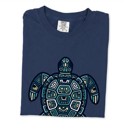 Mayan tribal geometric sea turtle graphic tee shirt design.