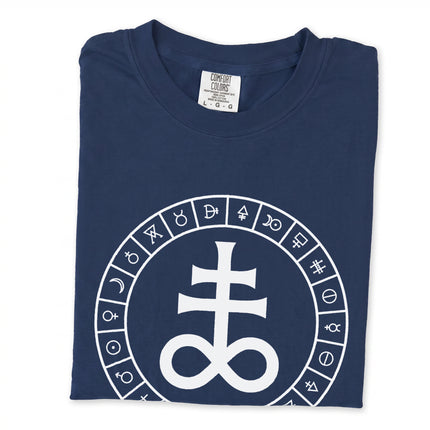 Occult Leviathan cross graphic tee with alchemical symbols and brimstone design.